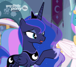 Size: 527x464 | Tagged: safe, screencap, princess celestia, princess luna, pony, g4, the beginning of the end, animated, crown, cute, female, gif, hoof shoes, jewelry, lunabetes, one eye closed, regalia, solo focus, wink