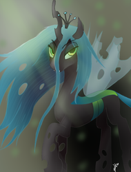 Size: 1600x2100 | Tagged: safe, artist:vladislav_180, queen chrysalis, changeling, changeling queen, g4, crown, dark background, eye clipping through hair, fangs, female, glowing eyes, green eyes, jewelry, lidded eyes, looking at you, regalia, smiling, solo