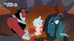 Size: 653x367 | Tagged: safe, screencap, cozy glow, lord tirek, queen chrysalis, changeling, changeling queen, pegasus, pony, g4, the beginning of the end, angry, animated, belly, cozy glow is not amused, female, filly, foal, holding hooves, legion of doom, screaming, unamused