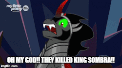 Size: 360x202 | Tagged: safe, edit, edited screencap, screencap, king sombra, pony, umbrum, g4, season 9, the beginning of the end, animated, caption, death, defeat, disintegration, gif, good end, male, meme, oh my god they killed kenny, south park, stallion, you know for kids, you ruined everything