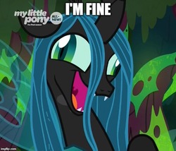 Size: 584x500 | Tagged: safe, edit, edited screencap, screencap, queen chrysalis, changeling, changeling queen, g4, the beginning of the end, caption, crazy eyes, crazy face, crazylis, derp, discovery family logo, faic, fangs, female, image macro, insanity, laughing, lies, majestic as fuck, meme, open mouth, solo, swamp, text, uvula