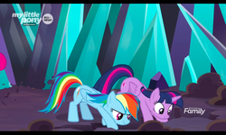 Size: 2408x1440 | Tagged: safe, screencap, rainbow dash, twilight sparkle, alicorn, pony, g4, the beginning of the end, behaving like a dog, crystal, digging, discovery family logo, face down ass up, palindrome get, twilight sparkle (alicorn)