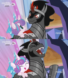 Size: 1224x1400 | Tagged: safe, edit, edited edit, edited screencap, screencap, king sombra, princess flurry heart, alicorn, pony, unicorn, g4, the beginning of the end, :t, alternate scenario, bad end, cute, duo, equestria is doomed, evil flurry heart, evil laugh, eye contact, eyes closed, female, filly, flurrybetes, foal, frown, glare, happy, holding a pony, hoof hold, laughing, lidded eyes, looking at each other, male, nightmare retardant, open mouth, smiling, smirk, sombradorable, stallion, sweet dreams fuel, uncle sombra