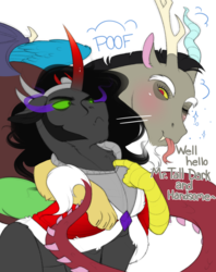 Size: 2002x2529 | Tagged: safe, artist:evehly, discord, king sombra, draconequus, pony, unicorn, g4, blushing, dialogue, duo, high res, implied gay, male, one eye closed, shipping, sombra eyes, sombracord, wink