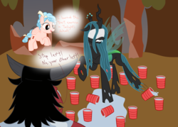 Size: 1680x1200 | Tagged: safe, artist:mightyshockwave, cozy glow, lord tirek, queen chrysalis, g4, the beginning of the end, blindfold, cup, evil lair, grogar's lair, lair, trust exercise