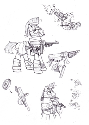 Size: 2276x3201 | Tagged: safe, artist:wisdom-thumbs, oc, oc only, earth pony, pony, armor, black and white, floppy ears, grayscale, gun, high res, hooves, male, monochrome, mouth hold, shooting, simple background, stallion, tommy gun, traditional art, weapon, white background