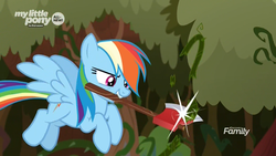 Size: 1920x1080 | Tagged: safe, screencap, rainbow dash, pegasus, pony, g4, the beginning of the end, axe, badass, female, flying, mare, mouth hold, vine, weapon