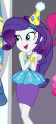 Size: 295x646 | Tagged: safe, screencap, applejack, pinkie pie, rarity, equestria girls, fomo, g4, my little pony equestria girls: better together, bracelet, clothes, cropped, cute, dress, female, geode of shielding, happy, hat, jewelry, magical geodes, offscreen character, party hat, pencil skirt, rarara, raribetes, rarity peplum dress, skirt, solo focus