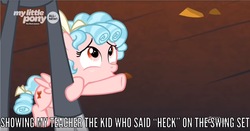 Size: 1848x970 | Tagged: safe, edit, edited screencap, screencap, cozy glow, lord tirek, pegasus, pony, g4, the beginning of the end, caption, cozybetes, cute, evil lair, female, filly, grogar's lair, heck, image macro, implied queen chrysalis, lair, legion of doom, solo focus, text