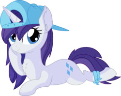 Size: 8710x6884 | Tagged: safe, artist:cyanlightning, rarity, pony, unicorn, g4, .svg available, absurd resolution, alternate hairstyle, backwards ballcap, baseball cap, cap, chest fluff, disguise, ear fluff, female, hat, looking at you, mare, plainity, prone, simple background, solo, transparent background, vector