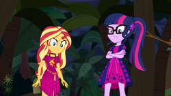 Size: 1920x1080 | Tagged: safe, screencap, sci-twi, sunset shimmer, twilight sparkle, equestria girls, equestria girls specials, g4, my little pony equestria girls: better together, my little pony equestria girls: spring breakdown, crossed arms, cruise outfit, female, geode of empathy, geode of telekinesis, glasses, magical geodes, ponytail