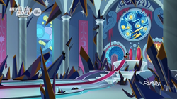 Size: 1920x1080 | Tagged: safe, screencap, king sombra, pony, unicorn, g4, the beginning of the end, canterlot castle, canterlot throne room, crystal, dark crystal, male, scenery, stained glass, stallion, throne, throne room