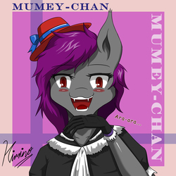 Size: 2204x2204 | Tagged: safe, artist:kiminofreewings, oc, oc:mumey chan, bat pony, anthro, artwork, bat pony oc, beautiful, bust, clothes, costume, cute, hat, high res, looking at you, original art, purple, red eyes, signature, simple background, smiling, solo, talking