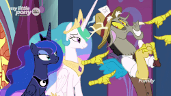 Size: 1280x720 | Tagged: safe, screencap, discord, princess celestia, princess luna, alicorn, draconequus, pony, g4, the beginning of the end, animated, crown, cute, discovery family logo, discute, disembodied hand, eyelashes, female, grin, hand, hat, jewelry, male, mare, necklace, pointing, regalia, smiling, trio