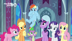 Size: 1000x562 | Tagged: safe, screencap, applejack, fluttershy, pinkie pie, rainbow dash, rarity, spike, twilight sparkle, alicorn, pony, g4, the beginning of the end, animated, cute, discovery family logo, faic, mane seven, mane six, twilight sparkle (alicorn)