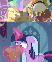 Size: 642x758 | Tagged: safe, edit, edited screencap, screencap, discord, fluttershy, twilight sparkle, alicorn, pony, discordant harmony, g4, horse play, the beginning of the end, animated, comparison, discovery family logo, floppy ears, gif, hyperventilating, paper bag, twilight sparkle (alicorn), twilighting