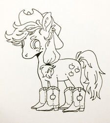 Size: 1036x1150 | Tagged: safe, artist:amphoera, applejack, earth pony, pony, g4, black and white, boots, cowboy boots, cowboy hat, female, grayscale, hat, ink drawing, monochrome, shoes, simple background, solo, traditional art, white background