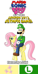 Size: 1012x2000 | Tagged: safe, artist:zefrenchm, fluttershy, human, pegasus, pony, g4, bridle, crossover, humans riding ponies, london 2012, luigi, luigi riding fluttershy, luigishy, male, mario & sonic, mario & sonic at the london 2012 olympic games, mario & sonic at the olympic games, mario and sonic, mario and sonic at the olympic games, nintendo, riding, riding a pony, super mario bros., tack, team