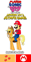 Size: 1012x2000 | Tagged: safe, artist:zefrenchm, applejack, earth pony, human, pony, g4, crossover, humans riding ponies, london 2012, male, mario, mario & sonic, mario & sonic at the london 2012 olympic games, mario & sonic at the olympic games, mario and sonic, mario and sonic at the olympic games, mario bros riding applejack, nintendo, riding, riding a pony, super mario bros., team
