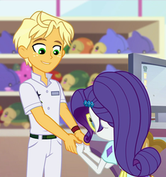 Size: 884x945 | Tagged: safe, screencap, ragamuffin (g4), equestria girls, equestria girls series, g4, spring breakdown, spoiler:eqg series (season 2), arms, clothes, cropped, female, freckles, male, out of context, pants, ponytail, smiling