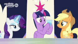 Size: 1000x562 | Tagged: safe, screencap, applejack, rarity, twilight sparkle, alicorn, earth pony, pony, unicorn, g4, the beginning of the end, animated, cutie map, discovery family logo, drinking, female, friendship throne, glass, glass of water, twilight sparkle (alicorn)