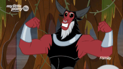 Size: 1000x562 | Tagged: safe, screencap, lord tirek, centaur, g4, the beginning of the end, absurd file size, absurd gif size, animated, bracer, discovery family logo, evil lair, flexing, gif, grogar's lair, kissing, lair, male, muscles, nose piercing, nose ring, piercing, septum piercing, solo, waterfall
