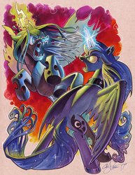 Size: 1813x2352 | Tagged: safe, artist:andypriceart, princess luna, queen chrysalis, alicorn, changeling, changeling queen, pony, g4, andy you magnificent bastard, angry, colored pencil drawing, duo, epic, fangs, female, fight, glowing horn, horn, magic, mare, metal, traditional art