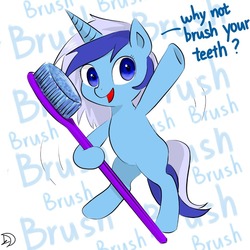 Size: 960x960 | Tagged: safe, artist:upperthemoon, minuette, pony, unicorn, g4, cute, dialogue, female, hoof hold, mare, minubetes, missing cutie mark, open mouth, simple background, solo, that pony sure does love toothbrushes, toothbrush, white background