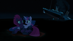 Size: 3215x1829 | Tagged: safe, artist:ejlightning007arts, tempest shadow, twilight sparkle, alicorn, pony, g4, disaster, female, lesbian, looking at each other, night, ocean, raft, ship, ship:tempestlight, shipping, sinking, titanic, twilight sparkle (alicorn)