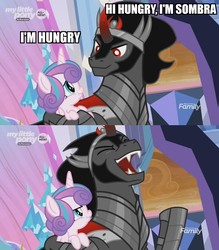 Size: 1224x1400 | Tagged: safe, edit, edited screencap, screencap, king sombra, princess flurry heart, alicorn, pony, unicorn, g4, the beginning of the end, angry, armor, caption, colored horn, crossing the line twice, curved horn, dad joke, dude not funny, duo, female, filly, flurry heart is not amused, horn, image macro, impact font, laughing, male, meme, stallion, text, unamused