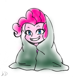 Size: 1280x1280 | Tagged: safe, artist:upperthemoon, pinkie pie, human, g4, blanket, blanket burrito, cute, diapinkes, female, humanized, simple background, smiling, solo, white background