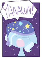 Size: 736x1038 | Tagged: safe, artist:typhwosion, trixie, pony, g4, bust, cute, diatrixes, eyes closed, female, floppy ears, head only, night, nightcap, open mouth, portrait, sky, solo, speech bubble, stars, trixie's nightcap, yawn