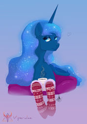 Size: 600x846 | Tagged: safe, artist:viperidaegraphics, princess luna, pony, g4, christmas, clothes, ear fluff, ethereal mane, female, gradient background, heart, holiday, lidded eyes, mare, mug, prone, socks, solo, speedpaint available, starry mane