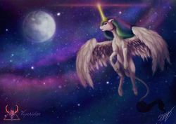 Size: 900x636 | Tagged: safe, artist:viperidaegraphics, princess celestia, alicorn, pony, g4, crying, female, floppy ears, flying, galaxy, glowing horn, horn, lens flare, leonine tail, mare, mare in the moon, moon, open mouth, solo, space, speedpaint available