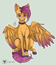 Size: 800x927 | Tagged: safe, artist:viperidaegraphics, scootaloo, pegasus, pony, g4, bracelet, chest fluff, choker, colored wings, colored wingtips, ear piercing, earring, eyebrow piercing, female, jewelry, looking at you, mare, older, older scootaloo, piercing, simple background, sitting, solo, spiked choker, spread wings, teenage scootaloo, teenager, tongue out, tongue piercing, wings, wristband