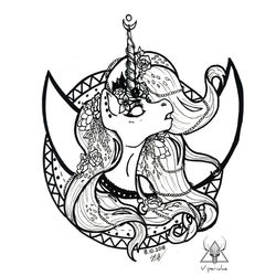 Size: 800x800 | Tagged: safe, artist:viperidaegraphics, part of a set, princess luna, pony, g4, black and white, bust, crescent moon, female, flower, flower in hair, grayscale, horn, horn jewelry, inktober, inktober 2018, jewelry, mandala, mare, monochrome, moon, no pupils, open mouth, regalia, simple background, solo, white background