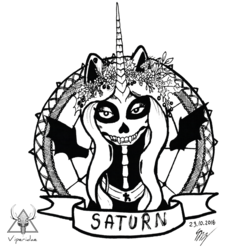 Size: 800x800 | Tagged: safe, artist:viperidaegraphics, oc, oc only, oc:saturn, alicorn, bat pony alicorn, pony, alicorn oc, bat wings, black and white, bust, face paint, fangs, female, floating wings, flower, flower in hair, grayscale, inktober, inktober 2018, looking at you, mandala, mare, monochrome, simple background, skull, solo, white background, wings