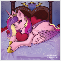 Size: 800x800 | Tagged: safe, artist:viperidaegraphics, princess cadance, alicorn, pony, bed, bedroom, bedroom eyes, butt, cheek fluff, cute, cutedance, ear fluff, eyeshadow, female, heart, heart pillow, holiday, hoof shoes, leg fluff, looking at you, makeup, mare, missing accessory, on bed, open mouth, pillow, plot, prone, solo, speedpaint available, valentine's day, wing fluff