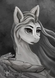 Size: 600x849 | Tagged: safe, artist:viperidaegraphics, oc, oc only, oc:peach moonstone, pegasus, pony, abstract background, female, freckles, grayscale, mare, monochrome, one wing out, open mouth, solo, stray strand, windswept mane