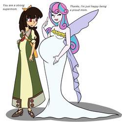 Size: 2000x2000 | Tagged: safe, artist:chelseawest, princess flurry heart, oc, oc:spring beauty, human, equestria girls, g4, adult, clothes, cosplay, costume, dialogue, duo, duo female, ezra vieil, female, high res, multiple pregnancy, neo queen serenity, older, older flurry heart, pregnant, sailor moon (series), vandread