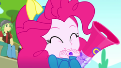 Size: 1920x1080 | Tagged: safe, screencap, pinkie pie, sandalwood, scott green, equestria girls, g4, my little pony equestria girls: summertime shorts, steps of pep, ^^, bust, cute, diapinkes, eyes closed, female, megaphone, offscreen character, portrait, smiling, solo focus, wondercolts uniform