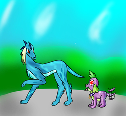 Size: 1725x1584 | Tagged: safe, artist:ajustice90, princess ember, spike, spike the regular dog, dog, equestria girls, g4, dogified, ember the dog, female, heart eyes, height difference, male, physique difference, ship:emberspike, shipping, slender, species swap, straight, tail wag, thin, wingding eyes