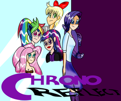 Size: 2029x1700 | Tagged: safe, artist:ajustice90, applejack, fluttershy, rainbow dash, rarity, twilight sparkle, human, fanfic:chrono reflect, g4, armor, chrono trigger, clothes, crossover, fanfic, fanfic art, fanfic cover, glasses, humanized