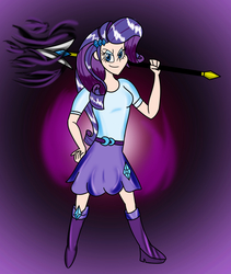 Size: 1700x2012 | Tagged: safe, artist:ajustice90, rarity, human, fanfic:chrono reflect, g4, abstract background, chrono trigger, clothes, crossover, fanfic art, female, humanized, solo, spear, weapon