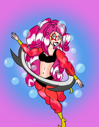 Size: 1700x2183 | Tagged: safe, artist:ajustice90, pinkie pie, human, fanfic:chrono reflect, g4, abstract background, belly button, bubble, chrono trigger, crossover, face paint, fanfic art, female, humanized, midriff, solo