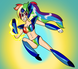 Size: 1902x1700 | Tagged: safe, artist:ajustice90, rainbow dash, android, human, fanfic:chrono reflect, g4, abstract background, arm cannon, armor, belly button, chrono trigger, crossover, fanfic art, female, flying, humanized, solo, unconvincing armor