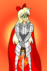 Size: 1330x1996 | Tagged: safe, artist:ajustice90, applejack, human, fanfic:chrono reflect, g4, abstract background, armor, bow, cape, chrono trigger, clothes, crossover, fanfic art, female, fire, hair bow, humanized, solo, sword, weapon