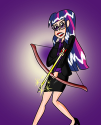 Size: 1373x1700 | Tagged: safe, artist:ajustice90, twilight sparkle, human, fanfic:chrono reflect, g4, abstract background, arrow, bow (weapon), bow and arrow, chrono trigger, clothes, crossover, fanfic art, female, glasses, humanized, solo, weapon