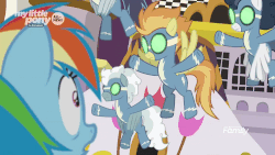 Size: 1000x562 | Tagged: safe, screencap, high winds, rainbow dash, silver lining, silver zoom, soarin', spitfire, pegasus, pony, g4, the beginning of the end, animated, asserting dominance, clothes, evil wonderbolts, female, glowing eyes, goggles, hyperventilating, male, mare, mind control, scared, scaredy dash, sombrafied, stallion, t pose, this will not end well, uniform, wonderbolts, wonderbolts uniform