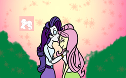 Size: 1440x900 | Tagged: safe, artist:ajustice90, fluttershy, rarity, equestria girls, g4, female, forehead kiss, kissing, lesbian, ship:flarity, shipping